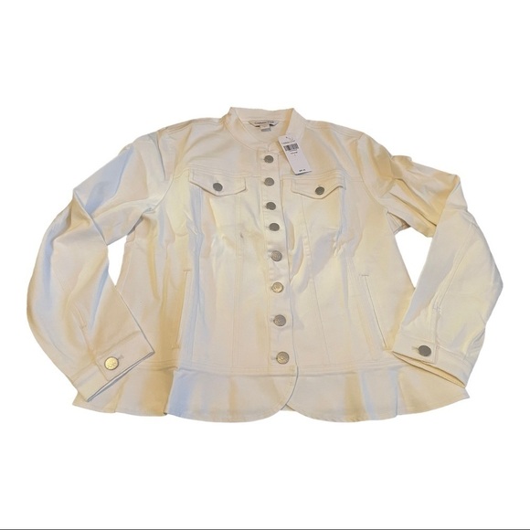 COLDWATER Creek off white jean jacket with bottom ruffle - Picture 2 of 9
